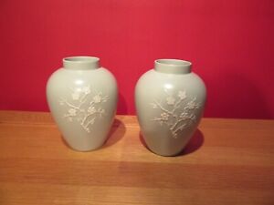 Vintage Pair Copeland Spode Green & White Prunus Geisha Cherry Blossom Vase 7" 