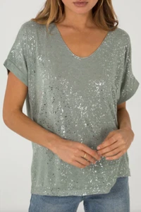 Women's Casual Glitter Splatter Sequin V Neck Oversize T Shirt. More Colours. - Picture 1 of 32