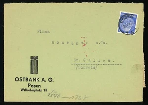 Poland German Occupation Poznań Posen to Switzerland 1941 Censor Postmark WWII - Picture 1 of 2