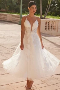 Sleeveless Glitter Lace Midi Wedding Dress Colors White Sizes 4-16 zipper back - Picture 1 of 5