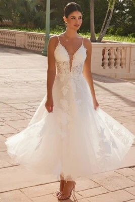 Vestido de novia midi de encaje brillante sin mangas colores blanco tallas 4-16 cremallera trasera Foto 1 de 4