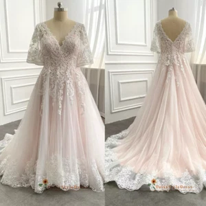 Plus Size Wedding Dresses V Neck Half Sleeve Lace Applique Elegant Bridal Gowns - Picture 1 of 9