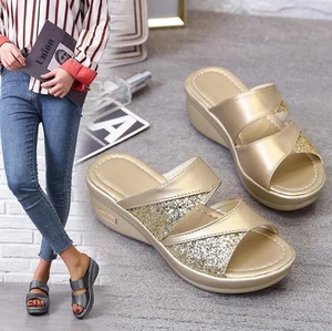 Womens Wedge Heel@Sandals Casual On Shoes Mules Size Slippers Ladies Summer Slip - Picture 1 of 10