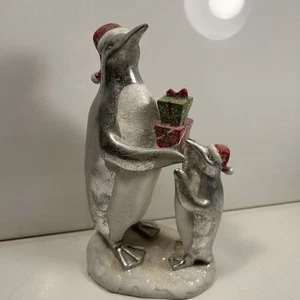 Solid Resin Frosted Christmas Penguins Holding Presents. 9” - Picture 1 of 5