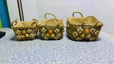 Set of 3 Nesting Raffia Floral Woven Casserole Baskets Lined  Handled Square - Image 1 of 4