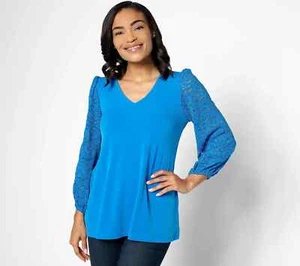 Susan Graver Liquid Knit A-Line Top with Lace Blouson Sleeves Blue M A634048 - Picture 1 of 4