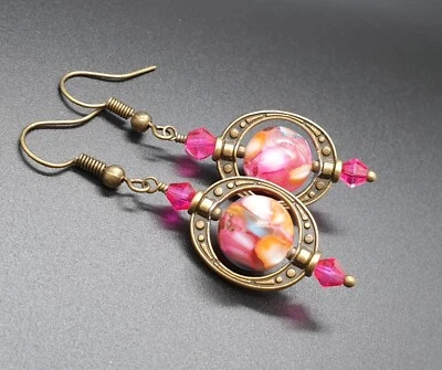 Mother Of Pearls Multicolor Pink Orange Blue Dangle Round Earrings Bronze  - Image 1 of 2