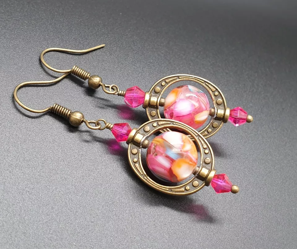 Mother Of Pearls Multicolor Pink Orange Blue Dangle Round Earrings Bronze  - Image 1 of 2