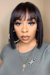 10 Inch Short Black Bob Wig with Bangs Brazilian Human Hair Wigs 2x1 Lace Scalp - Picture 1 of 24