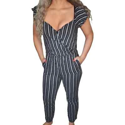 Black Pinstripe Jumpsuit Womens Medium Gray V Neck Cinched Waist Flutter Sleeve - Image 1 of 4