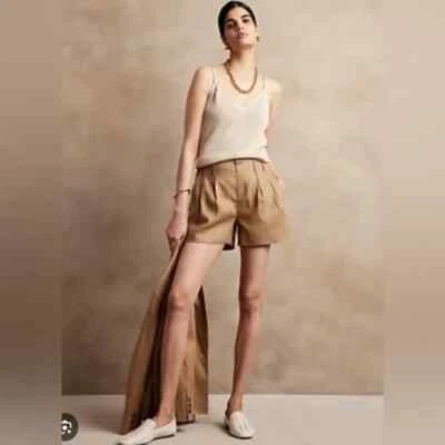 BANANA Republic 百褶短裤女式 18 码亚麻冰拿铁高腰全新无标签 — 第 1/4 张图片