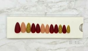 Queen Be Press On Nails Matte Red, Nude, Glitter Gold Stiletto False/Fake Nails - Picture 1 of 6