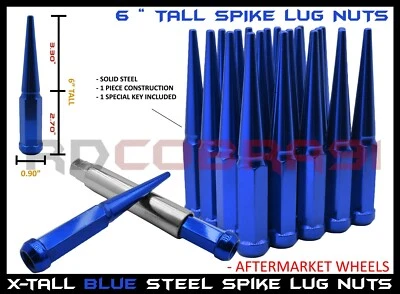 1999-2023 Chevy Silverado1500 6x5.5 Powder Coated Blue Spike Lug Nuts 6"Tall+Key - Image 1 of 4