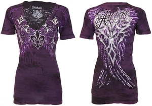 Archaic Affliction Women's T-Shirt Short Sleeve BRAVE GIRL Tattoo Wings Biker - Picture 1 of 8
