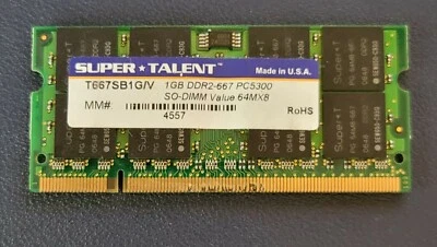 Super Talent 1GB DDR2 PC2-5300 667MHz Laptop SODIMM Memory RAM 200pin Non-ECC - Image 1 of 3