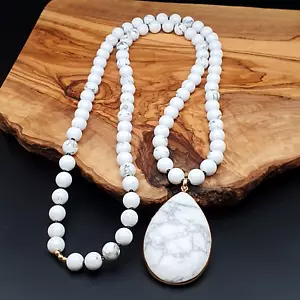 Necklace White Howlite Large Teardrop Pendant Long Beaded Gemstone Boho Chakra - Picture 1 of 23