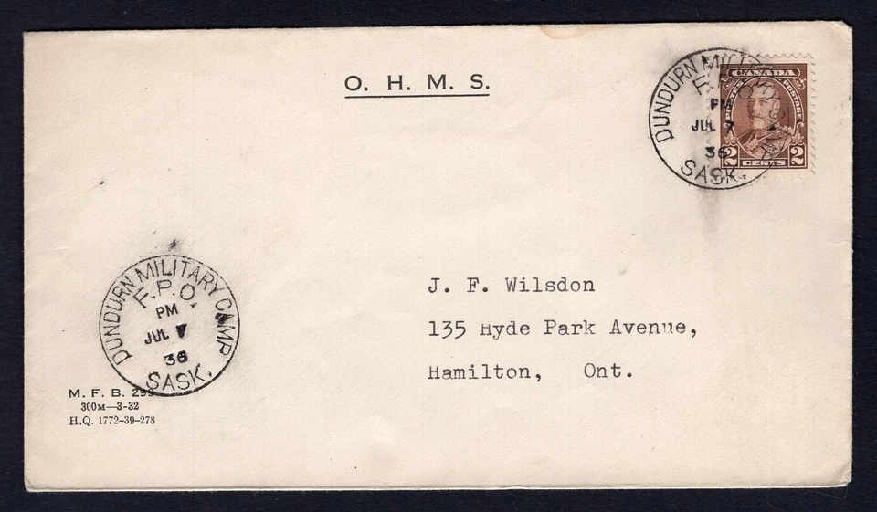 Canada 1936 Dundurn Military Camp Sask FPO Cancel on OHMS Cover to Hamilton - Image 1 of 2