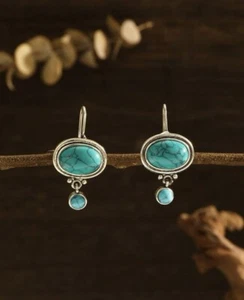 Silver and Blue crystal earrings - drop dangle hoop - Turquoise Earrings - Picture 1 of 3