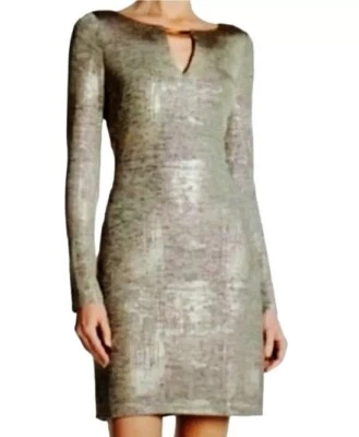 Vince Camuto Dress Gold Grey Metallic 4 Mini Length Long Sleeves Keyhole NYE - Image 1 of 4