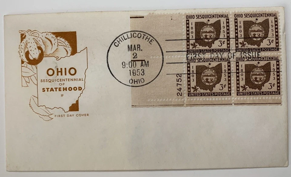 FDC 1953 #1018 Ohio Sesquicentennial Plate Block of 4 PO Chillicothe Ohio Foto 1 de 1