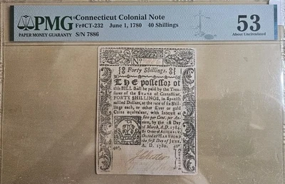 1780 40 Shilling Note Connecticut Colonial PMG 53 AU Fr#CT-232 Cancelled Toned - Image 1 of 4