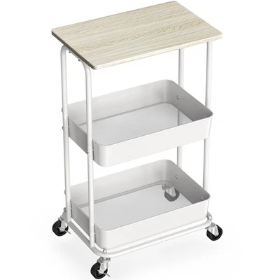 Carro utilitario rodante de 2 niveles con ruedas bloqueables y tapa de madera, almacenamiento de metal... Foto 1 de 4