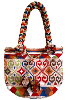 One of a Kind Wayuu Mochila Handmade Large Pom-Pom Crochet Bag Shoulder Strap - Image 1 of 4