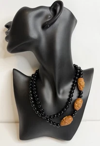 Vtg Japanese Carved Faces Olive Pit Necklace Black Onyx Beads Fashion Estate 28” - Picture 1 of 15