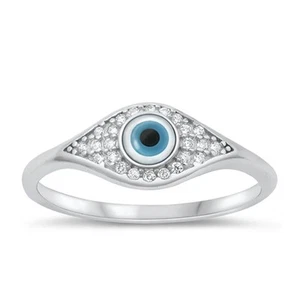 Clear CZ Mother of Pearl Evil Eye Ring New .925 Sterling Silver Band Sizes 4-10 - Picture 1 of 3