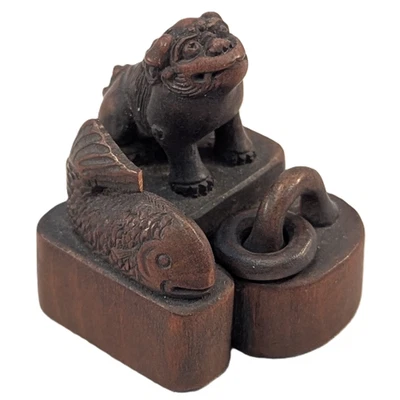 Antique Japanese Wood Netsuke 3 Seals ShiShi Fish ex Framingham History Center - Image 1 of 4