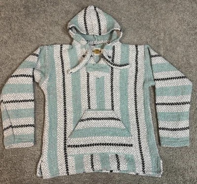 Earth Ragz Drug Rug Womens Hoodie Lg Teal White Mexican Rasta Baja Joe Hippie - Image 1 of 4