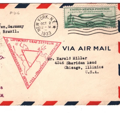 USA 1933 FDC 50c Air Mail GRAF ZEPPELIN Flight Scott.C18 *First Day Cover* LZ212 - Image 1 of 4
