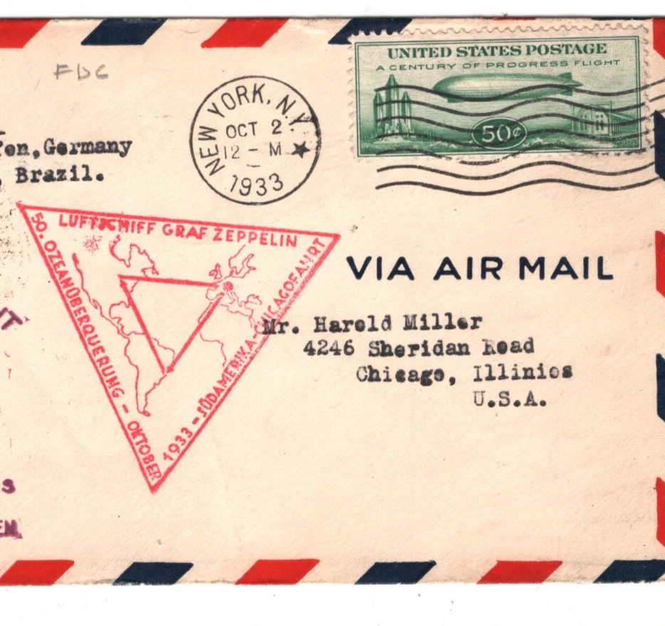 USA 1933 FDC 50c Air Mail GRAF ZEPPELIN Flight Scott.C18 *First Day Cover* LZ212 - Image 1 of 4