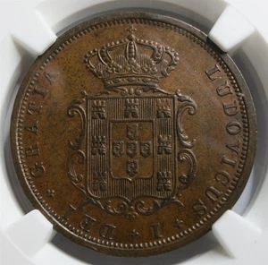 PORTUGAL Kingdom 5 Reis 1868 NGC MS 62 BN UNC King Luiz Louis Bronze Wreath - Picture 1 of 8