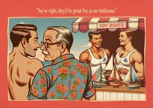 Gay postcard inspired by vintage British saucy seaside humour: Bathroom Fun - Picture 1 of 2