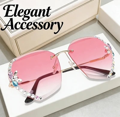 Блестящие драгоценные камни градиент солнцезащитные очки большого размера моды без оправы гламурный розовый объектив - Изображение 1 из 4
