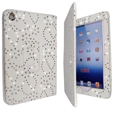 CASE FOR APPLE IPAD MINI WHITE DIAMOND BLING GLITTER PRINT PU LEATHER COVER  - Image 1 of 4