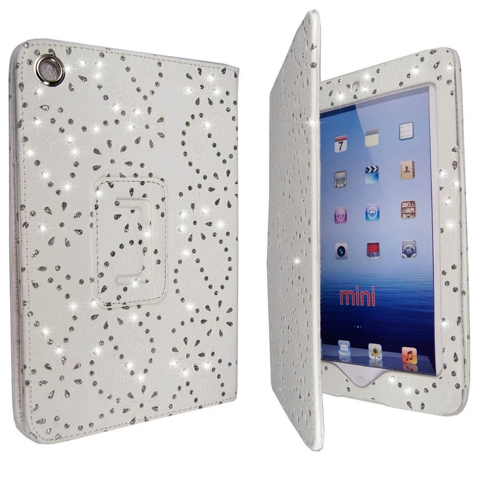 CASE FOR APPLE IPAD MINI WHITE DIAMOND BLING GLITTER PRINT PU LEATHER COVER  - Image 1 of 4