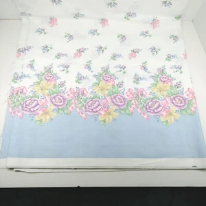 Vintage Percale Border Print Fabric Blue with Pink Yellow Flowers 4 Yds 45" Wide - Picture 1 of 11