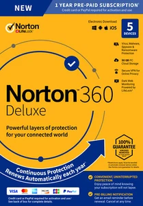 Original Sealed Norton 360 Deluxe for 5 Devices PC/MAC/Mobile with Free Tracking - Picture 1 of 1