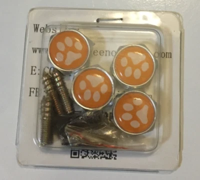 CUTE QUEEN ~SET OF 4 LICENSE PLATE FRAME BOLTS ORANGE W/ WHITE PAW ~ NIB! - Изображение 1 из 2