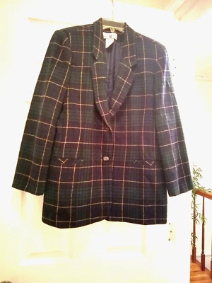 Blazer Vintage Blanco Ciervo Mezcla Lana Tartán Forrado a Cuadros Azul Marino/Verde Foto 1 de 4