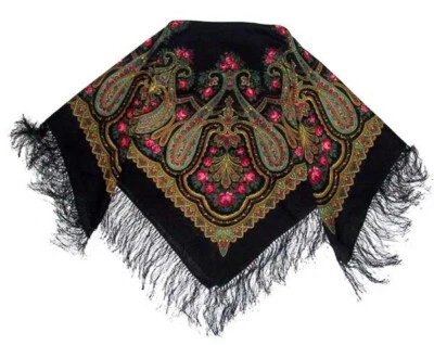 CHAL DE LANA NAVIDAD PAVLOVO POSAD BUFANDA 36" X 36" FONDO NEGRO NUEVO Foto 1 de 4