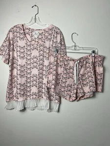 PJ Couture NWT Women’s Short Sleeve Ruffle Hem Pajama Set Pink White Size XL - Picture 1 of 12