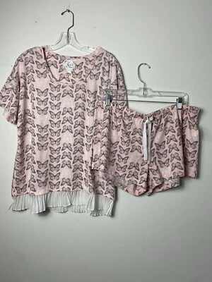 PJ Couture NWT Women’s Short Sleeve Ruffle Hem Pajama Set Pink White  Size XL - Image 1 of 4