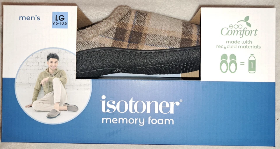 Isotoner Men's Memory Foam eco Comfort Slippers L 9.5-10.5 Brown Plaid