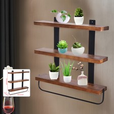 3-Tier 24" Floating Shelf Wall Mounted Wood Storage Rack Bookshelf Towell Bar Us