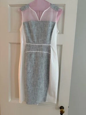 Vestido Vaina Elie Tahari Talla 4 Anya Blanco Gris Sin Mangas Cremallera Trasera Limpieza en Seco Foto 1 de 4