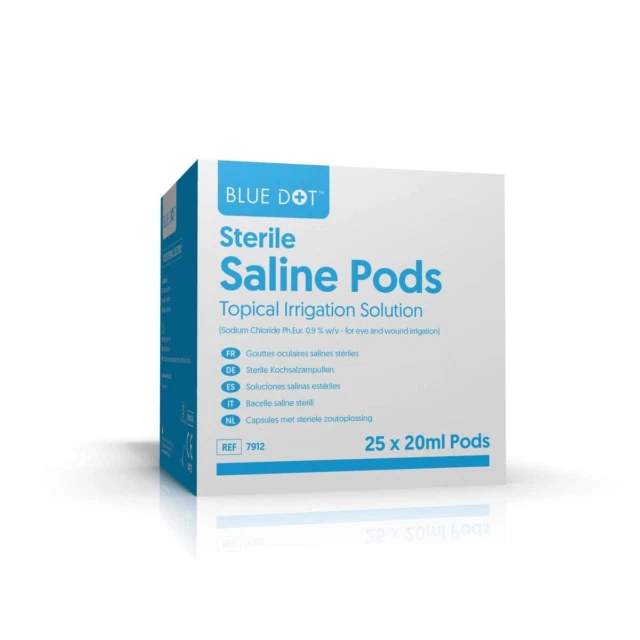 Blue Dot Sterile Saline Solution Eye Wound Eyewash Pods, 20ml - 25 Pack