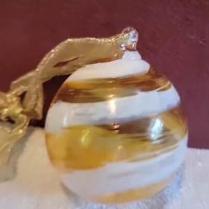 Hand Blown Art Glass Ornament Gold and White Stripes 3.5" Diameter - Picture 1 of 5